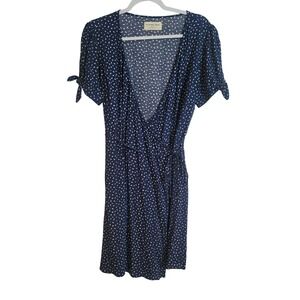 The Normal Brand Navy Blue White Petal Print Wrap Dress Short Tie Sleeve Medium